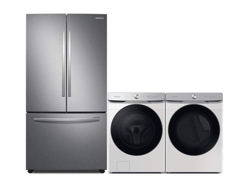 3-Door French Door Refrigerator, AI Powered Smart Dial Front Load Washer and AI Powered Smart Dial and Super Speed Dry Dryer package