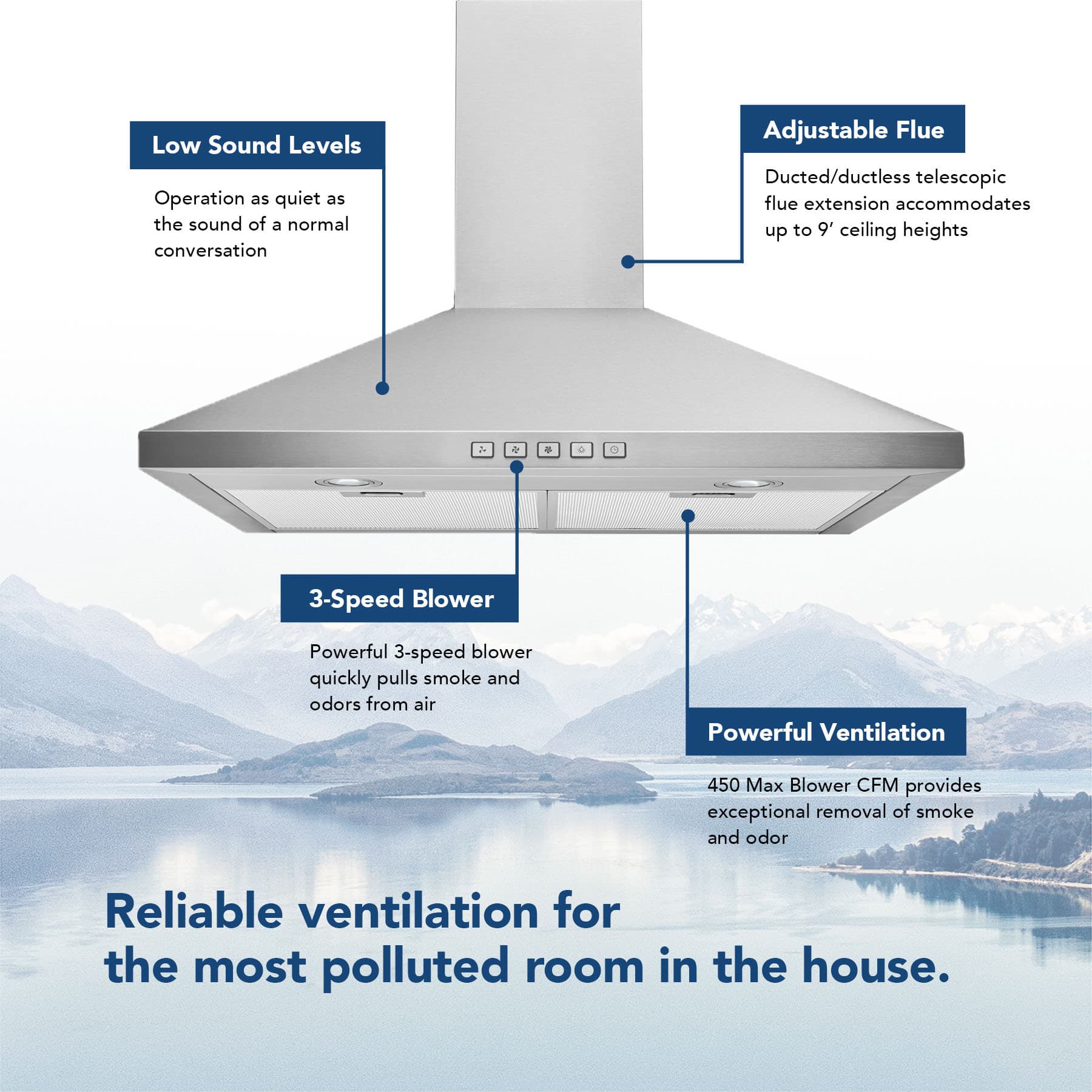 30-Inch Convertible Wall-Mount Pyramidal Chimney Range Hood, 450 Max CFM