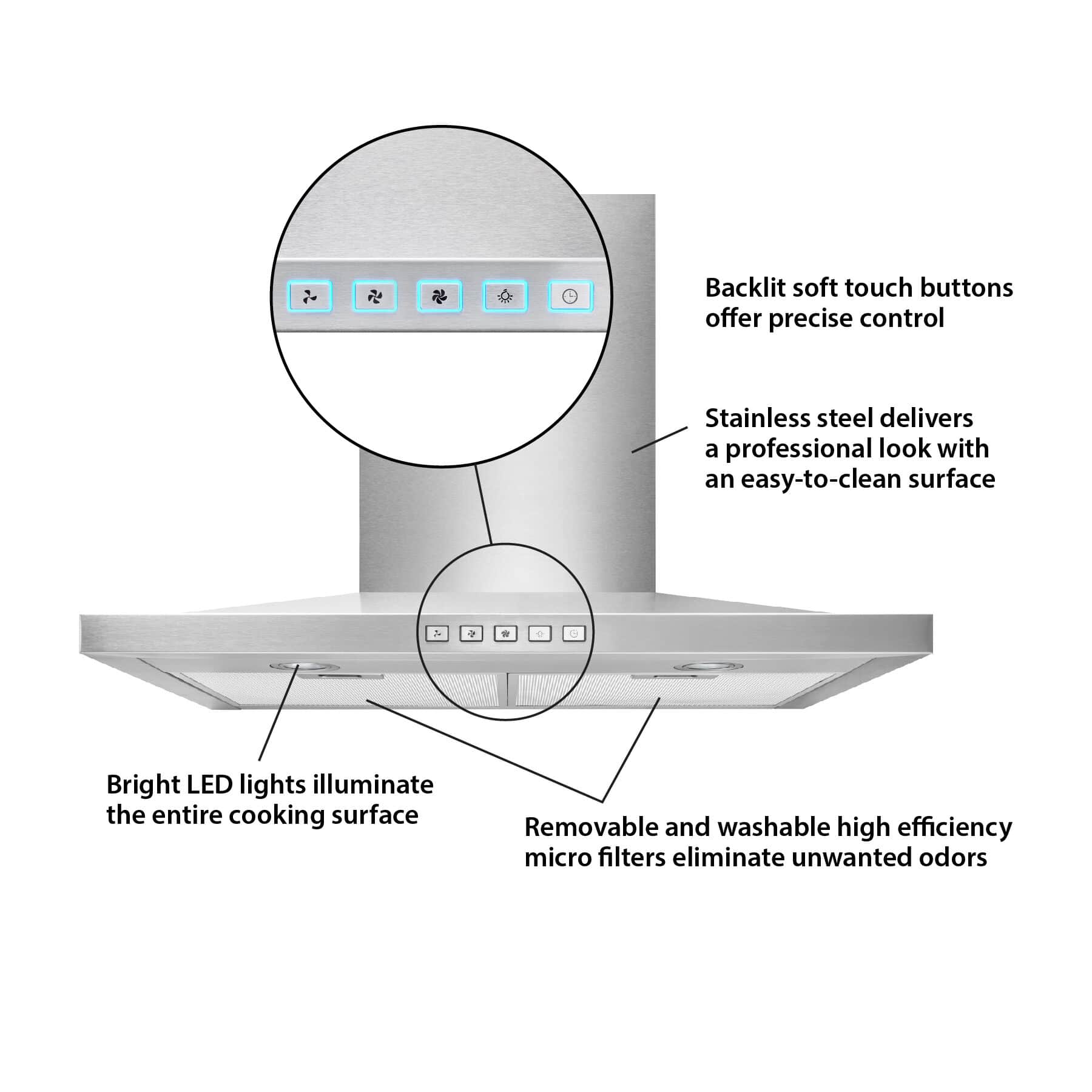 30Inch Convertible WallMount Low Profile Pyramidal Chimney Range Hood, 450 Max CFM, Stainless Steel