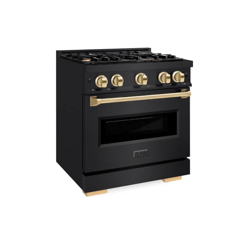 Autograph Edition 30 In. 4.2 Cu. Ft. Classic Dual Fuel Range With 4 Burner Gas Cooktop And Electric Convection Oven In Black Stainless Steel With Polished Gold Accents
