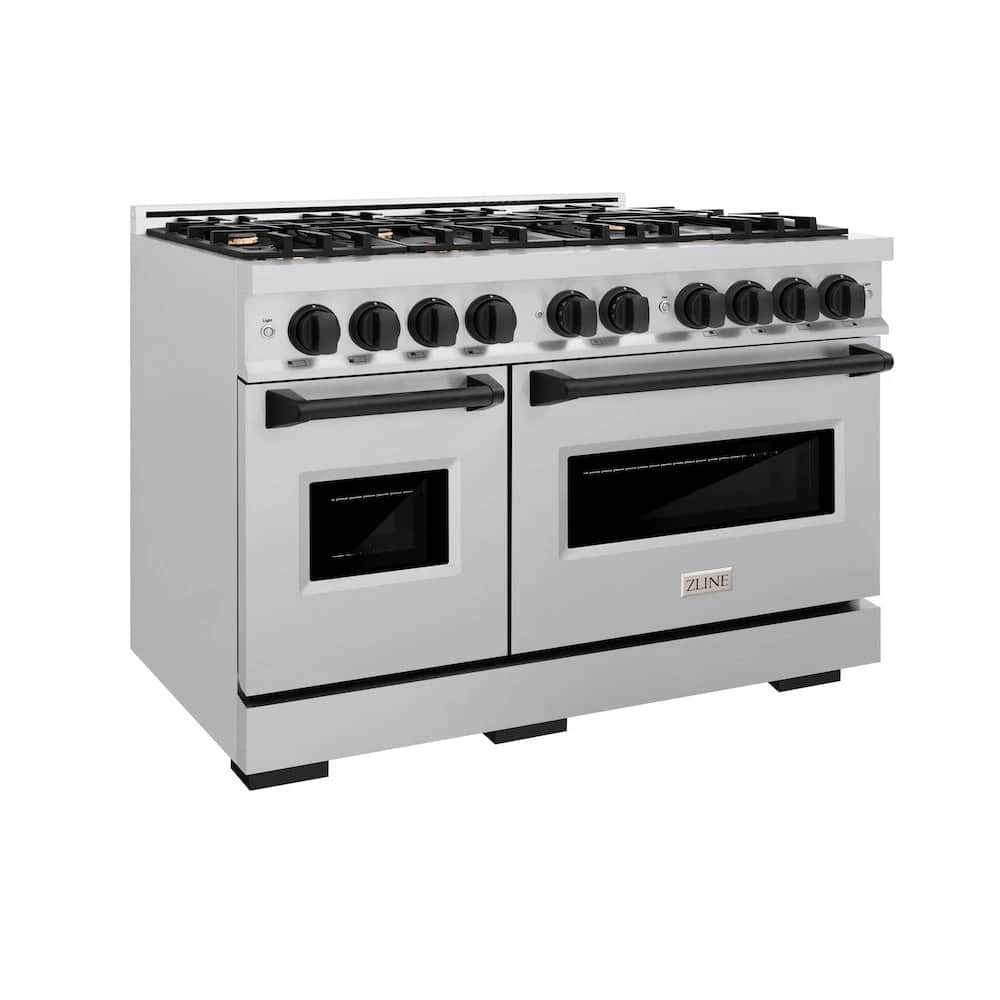 Autograph Edition 48 In. 6.7 Cu. Ft. Classic Double Oven Dual Fuel Range With 8 Burner Gas Cooktop In Stainless Steel And Matte Black Accents