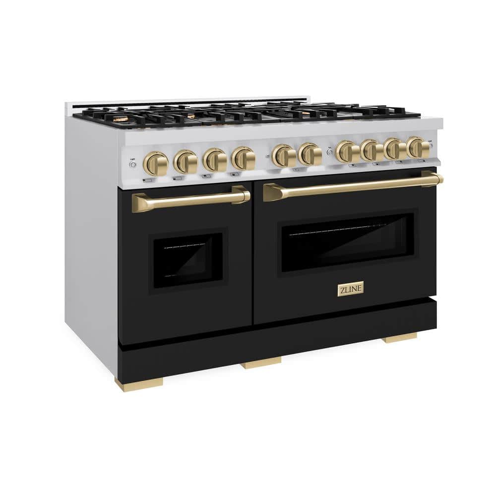 Autograph Edition 48 In. 6.7 Cu. Ft. Classic Double Oven Dual Fuel Range With 8 Burner Gas Cooktop In Stainless Steel With Black Matte Doors And Champagne Bronze Accents