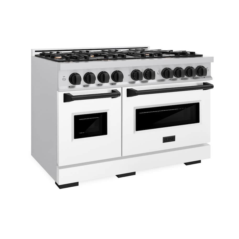 Autograph Edition 48 In. 6.7 Cu. Ft. Classic Double Oven Dual Fuel Range With 8 Burner Gas Cooktop In Stainless Steel With White Matte Doors And Matte Black Accents