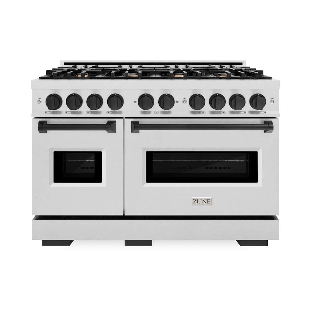 Autograph Edition 48 In. 6.7 Cu. Ft. Classic Double Oven Gas Range With 8 Burner Cooktop In Satin Stainless Steel And Matte Black Accents
