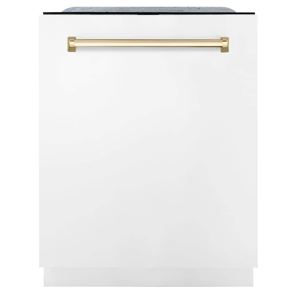 Autograph Edition 24 In. Monument Series 3rd Rack Top Touch Control Tall Tub Dishwasher In White Matte With Polished Gold Accent Handle, 45dba