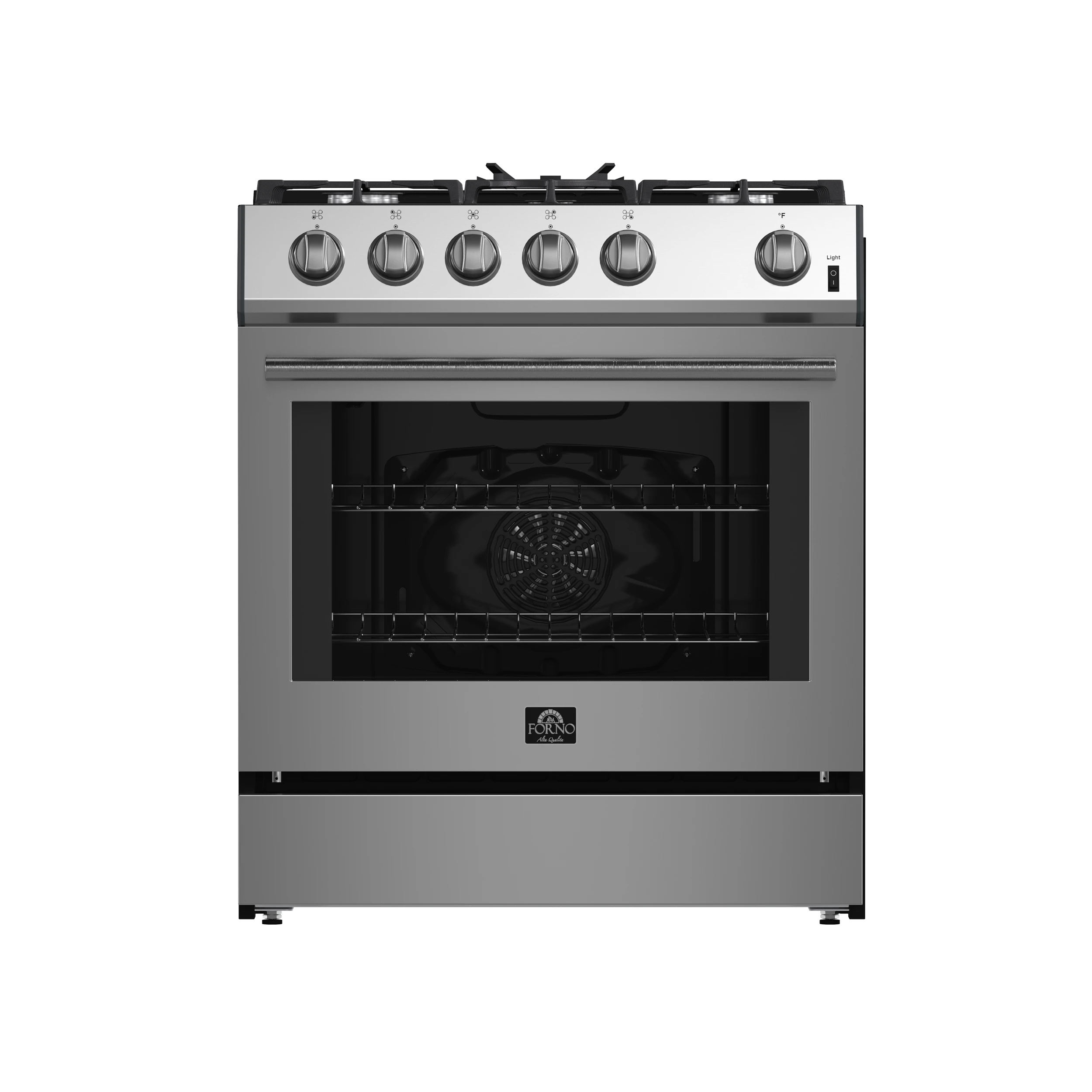Leonardo 30-Inch Stainless Steel Gas Range, 5 Sealed Burners (Totaling 39,500 BTU), 5 cu.ft. Convection Oven, Continuous Cast Iron Grates, Black Enamel Interior, Auto Re-Ignition, LP Conversion Kit Included