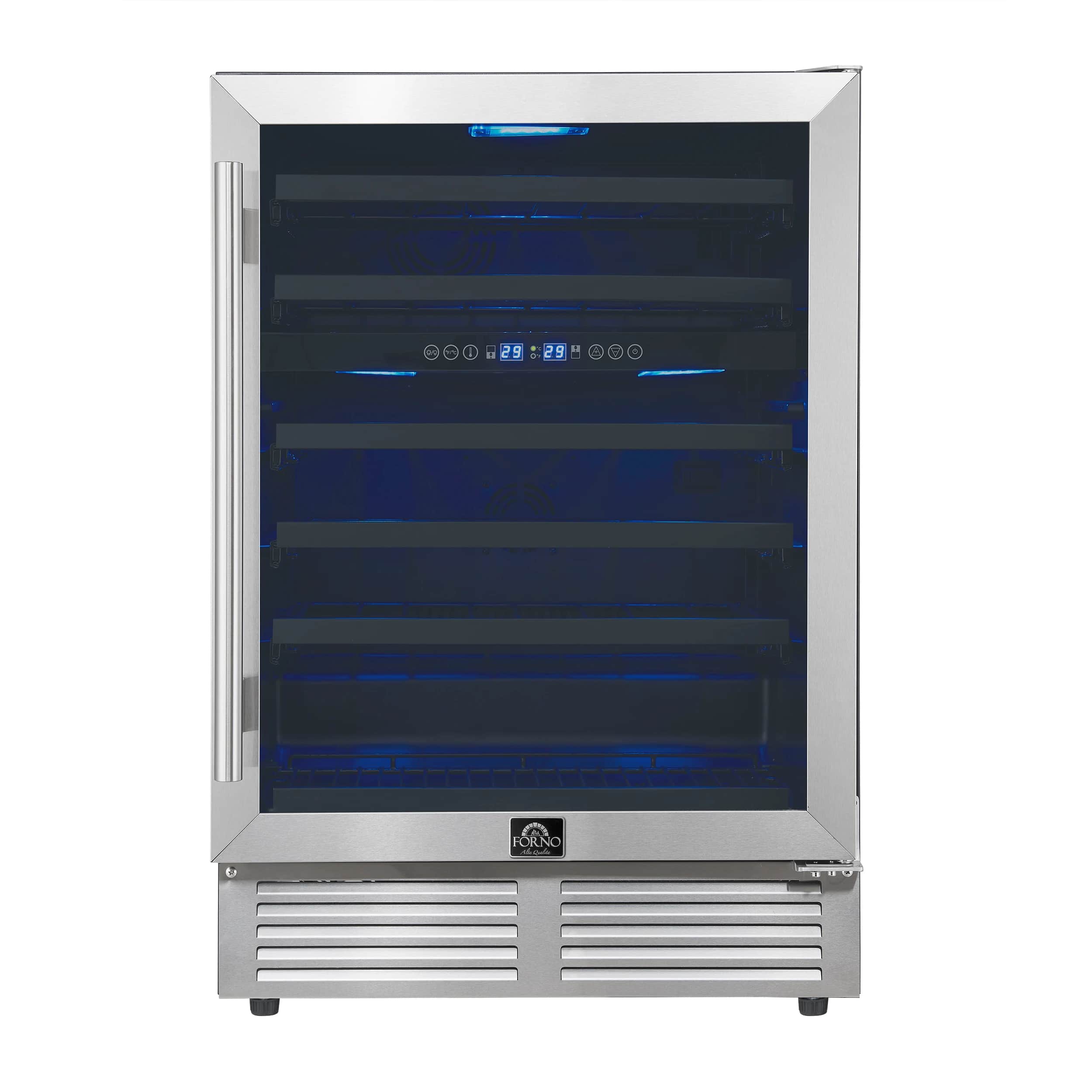 Bacchino 24 Inch Wine Cooler, Stainless Steel, with LED Lighting, Triple Glass Door, 51 Bottle Capacity, Built-In or Freestanding