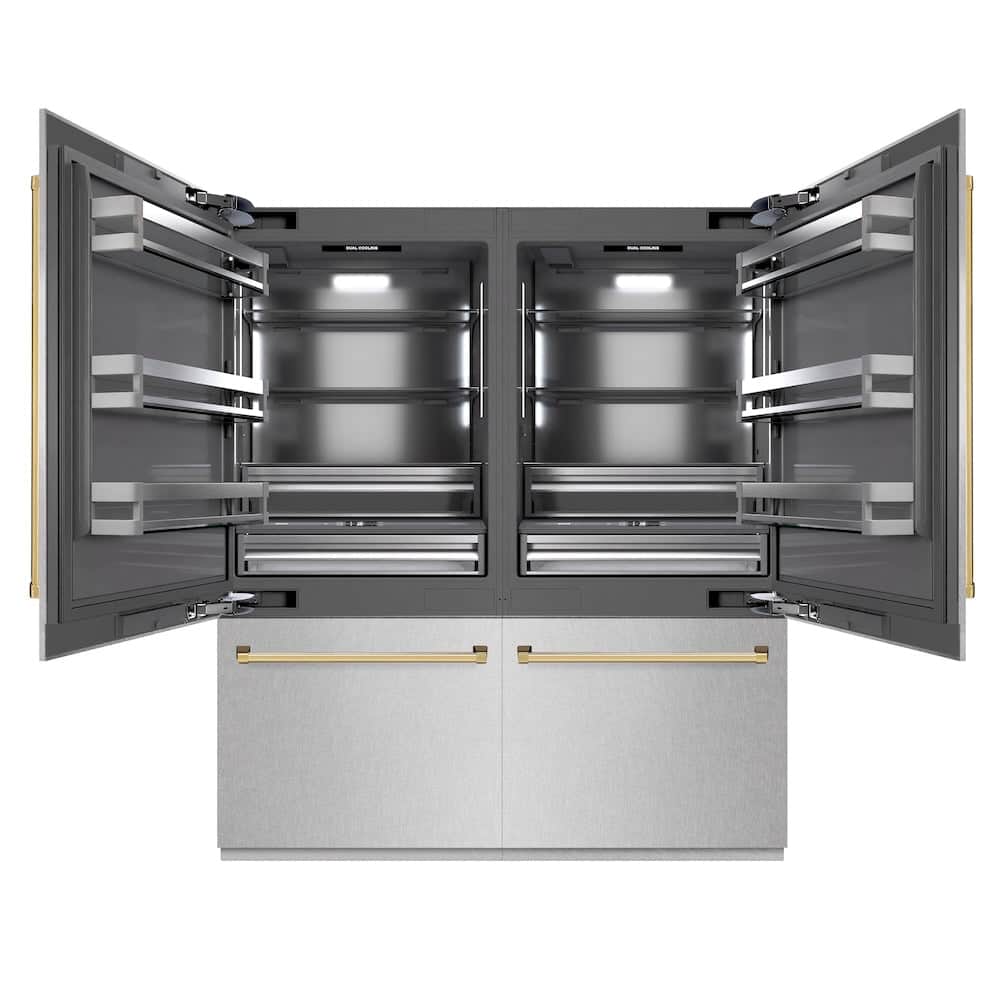 Autograph Edition 72 In. 39.6 Cu. Ft. French Door Built-in Bottom Freezer Refrigerator With Water Dispensers And Ice Makers In Satin Stainless Steel With Graphite Gray Interior And Polished Gold Accents