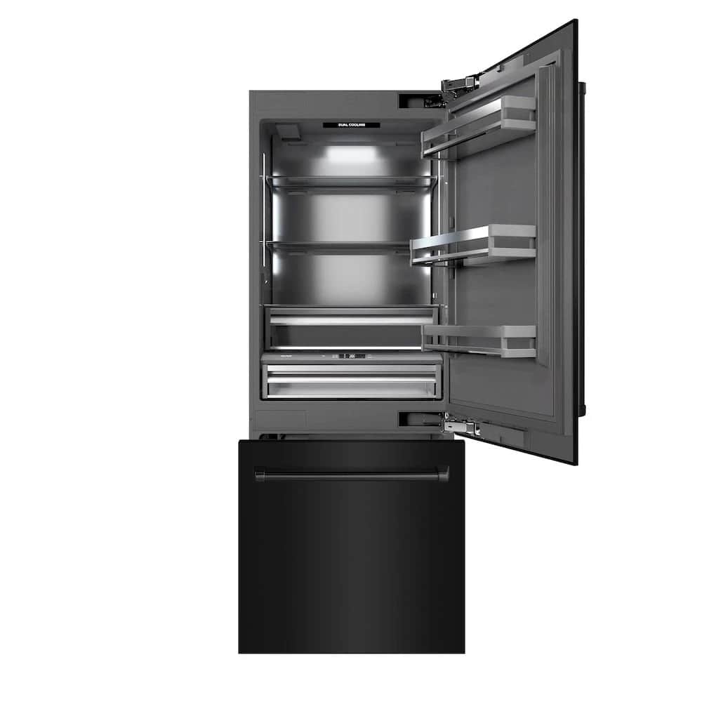 30 In. 16.1 Cu. Ft. Built-in Bottom Freezer Refrigerator With Water Dispenser And Ice Maker In Black Stainless Steel With Graphite Gray Interior