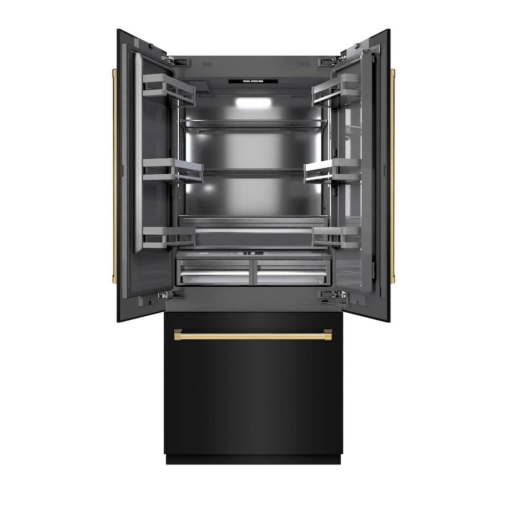 Autograph Edition 36 In. 19.6 Cu. Ft. French Door Built-in Bottom Freezer Refrigerator With Water Dispenser And Ice Maker In Black Stainless Steel With Graphite Gray Interior And Polished Gold Accents