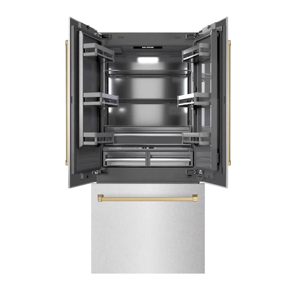 Autograph Edition 36 In. 19.6 Cu. Ft. French Door Built-in Bottom Freezer Refrigerator With Water Dispenser And Ice Maker In Satin Stainless Steel With Graphite Gray Interior And Champagne Bronze Accents