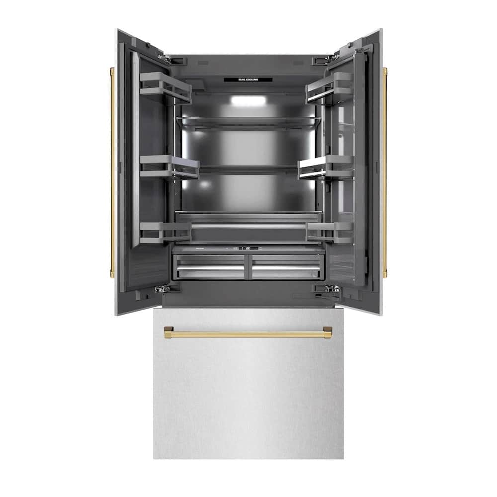 Autograph Edition 36 In. 19.6 Cu. Ft. French Door Built-in Bottom Freezer Refrigerator With Water Dispenser And Ice Maker In Satin Stainless Steel With Graphite Gray Interior And Polished Gold Accents