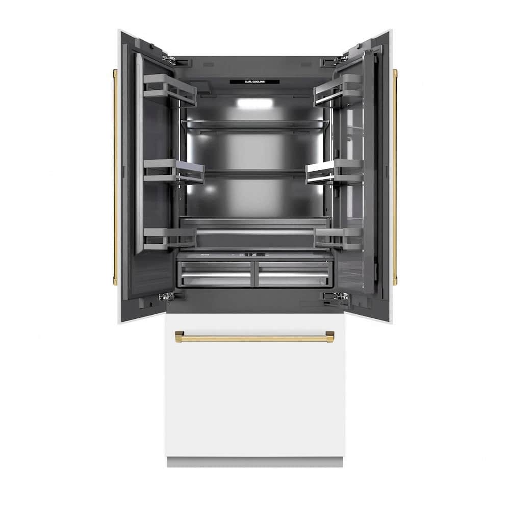 Autograph Edition 36 In. 19.6 Cu. Ft. French Door Built-in Bottom Freezer Refrigerator With Water Dispenser And Ice Maker In White Matte With Graphite Gray Interior And Polished Gold Accents