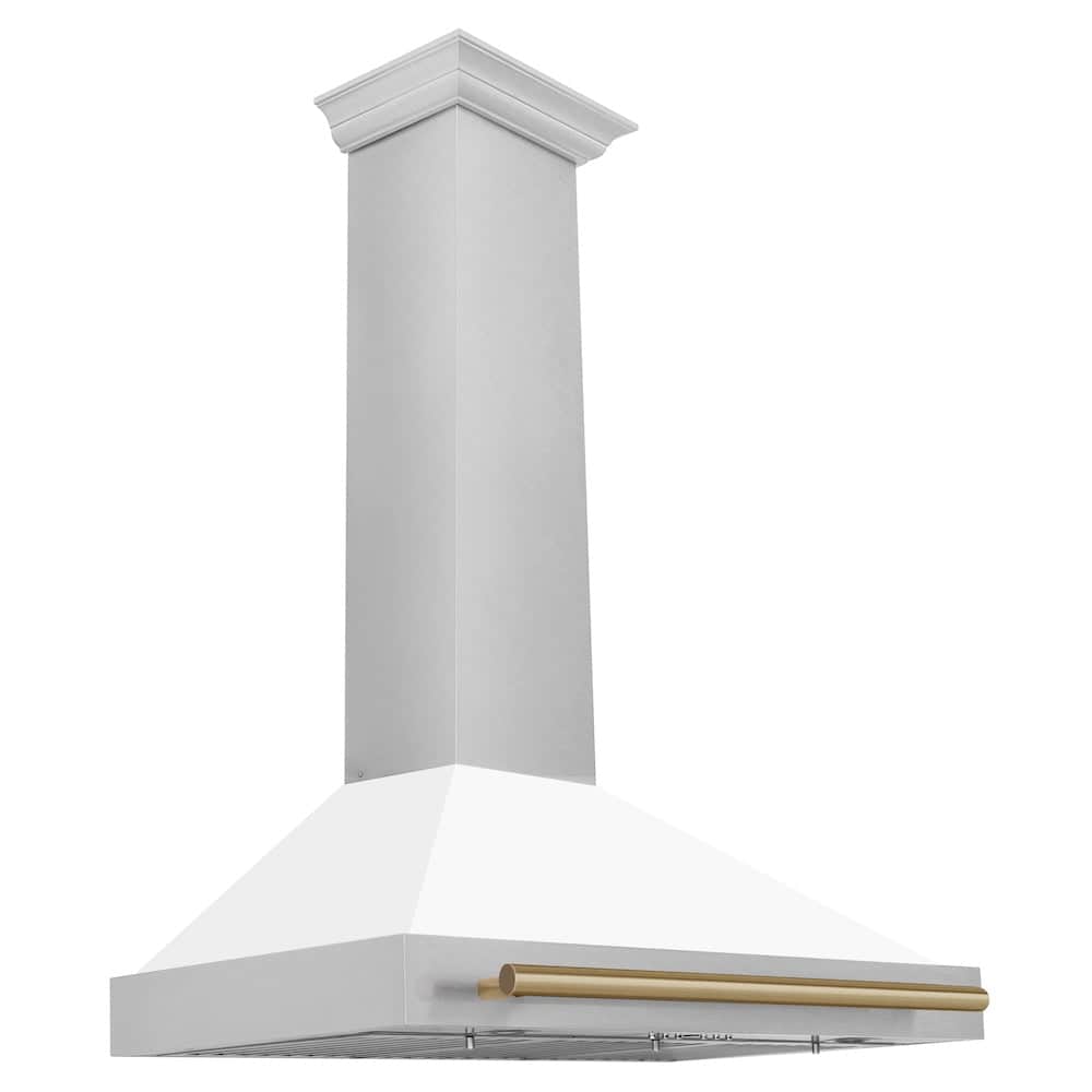 Autograph Edition 36 In. Convertible Satin Stainless Steel Wall Mount Range Hood With White Matte Shell And Champagne Bronze Handle