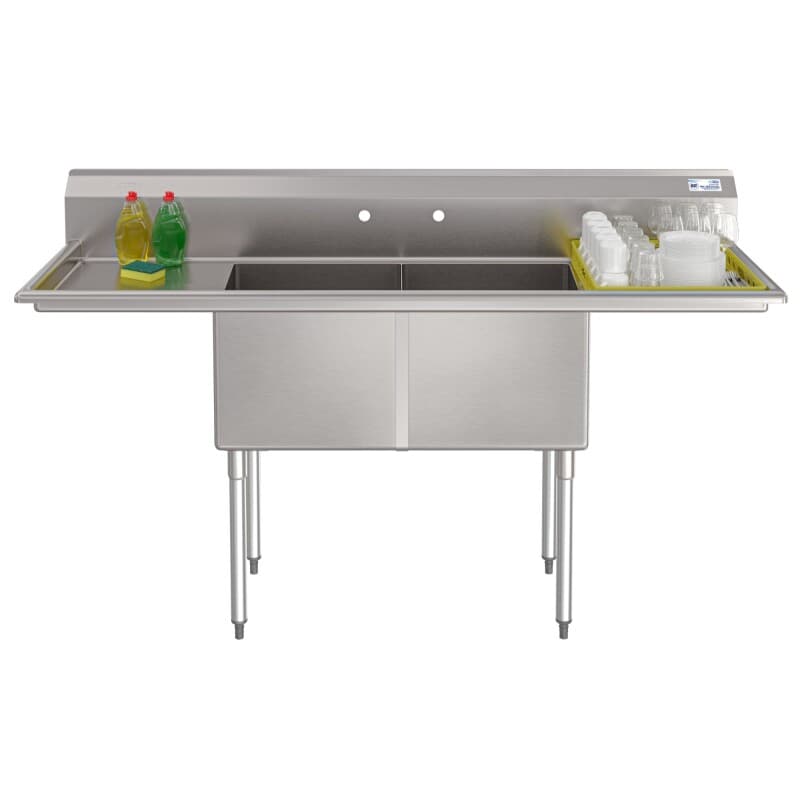 72 in. 18-Gauge 2-Compartment Commercial Sink with Backsplash and Dual 18 in. Drainboards, Bowl Dimensions 18"x18"x14" in Stainless-Steel