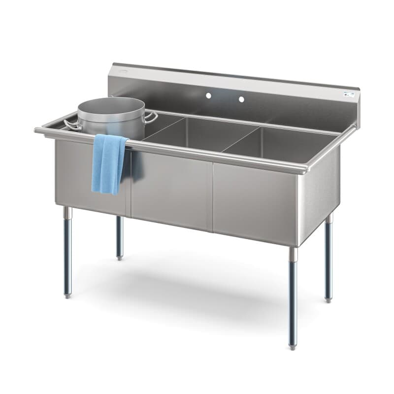 60 in. Three Compartment Commercial Sink, Bowl Size 18x24x14 in 18-Gauge Stainless-Steel
