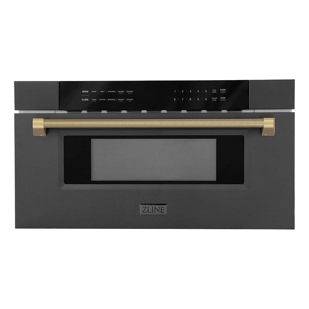 Autograph Edition 30 In. 1.2 Cu. Ft. Built-in Microwave Drawer In Black Stainless Steel And Champagne Bronze Helix Handle