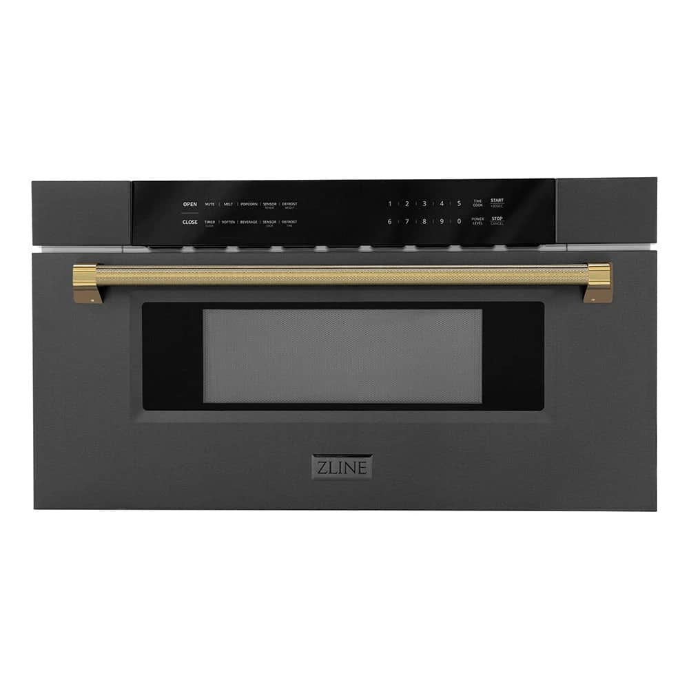 Autograph Edition 30 In. 1.2 Cu. Ft. Built-in Microwave Drawer In Black Stainless Steel And Polished Gold Helix Handle