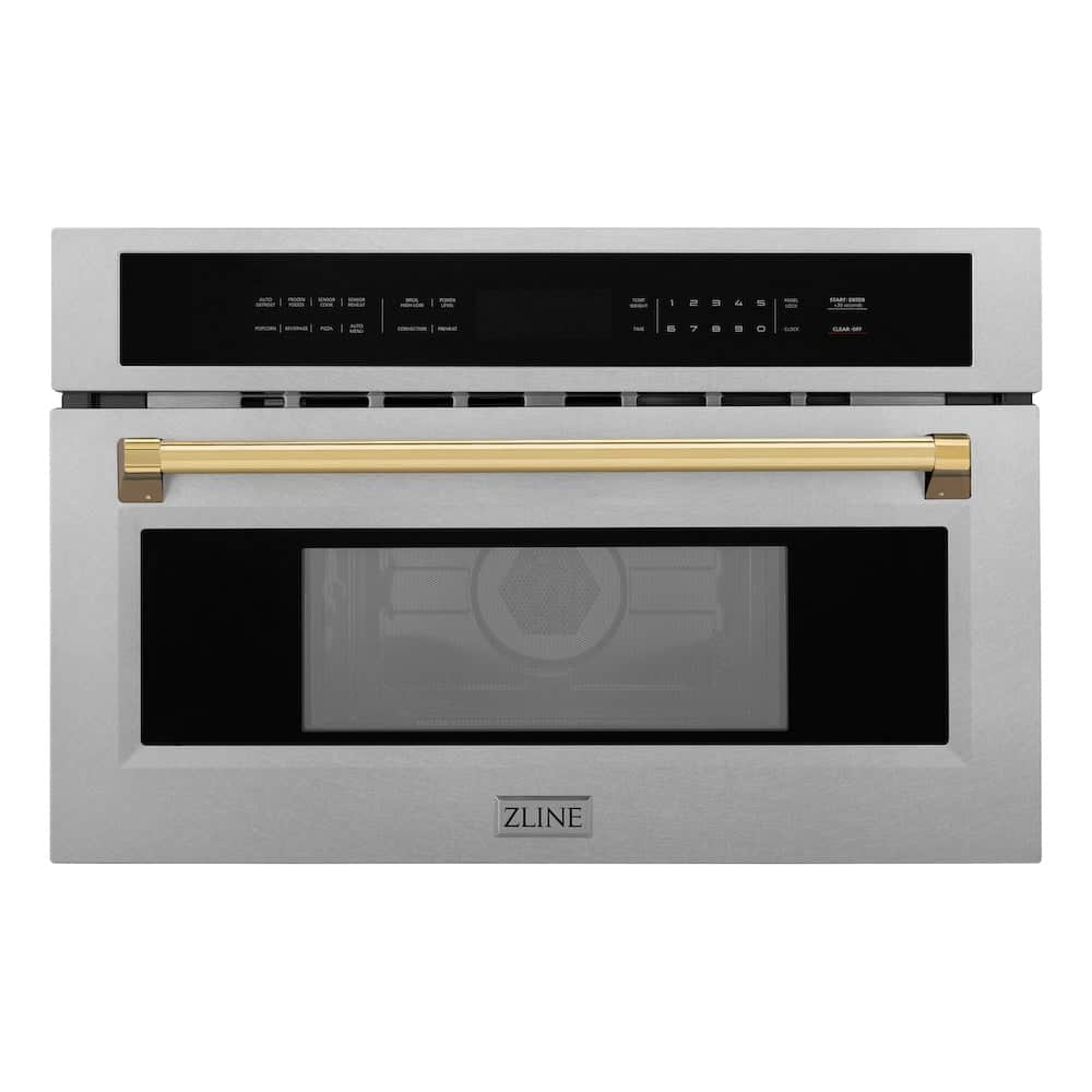 Autograph Edition 30 In. 1.6 Cu Ft. Built-in Convection Microwave Oven In Satin Stainless Steel And Polished Gold Accents