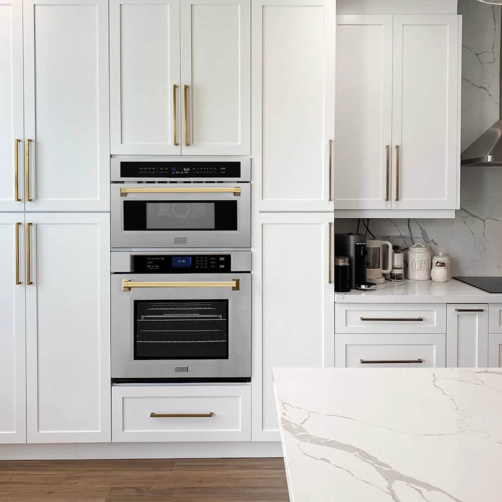 Autograph Edition 30 In. 1.6 Cu Ft. Built-in Convection Microwave Oven In Satin Stainless Steel And Polished Gold Accents
