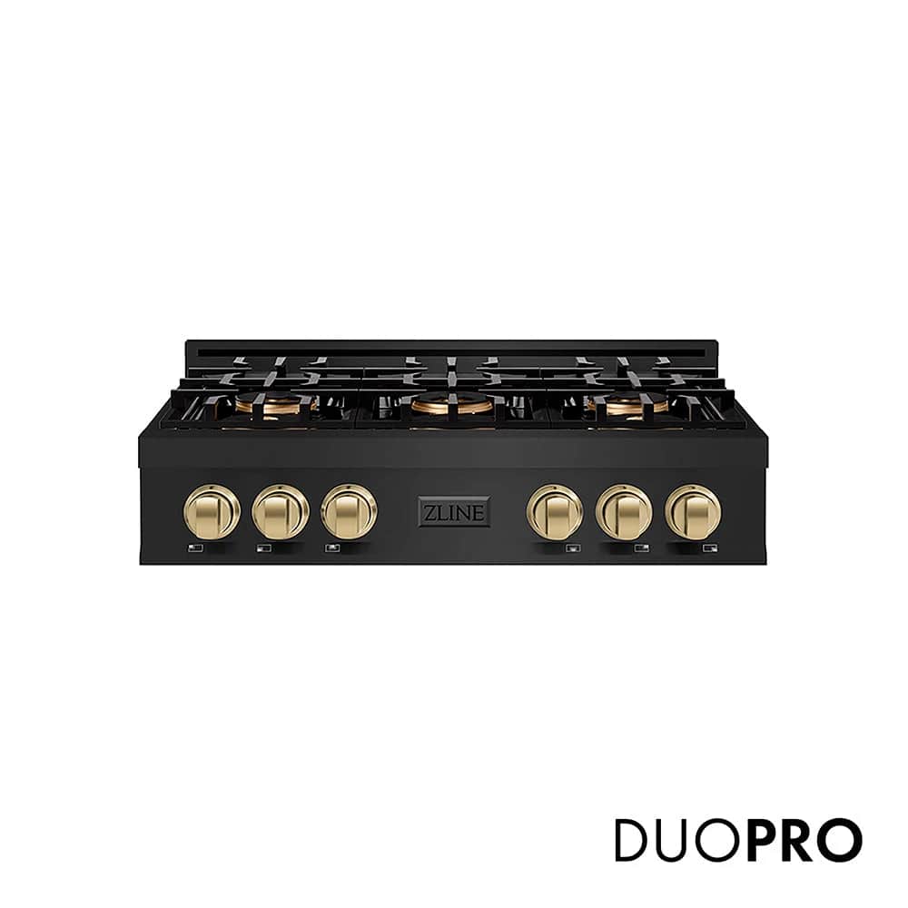 Autograph Edition 36 In. Classic Gas Rangetop With 6 Burner Duopro™ Cooktop In Black Stainless Steel And Champagne Bronze Accents