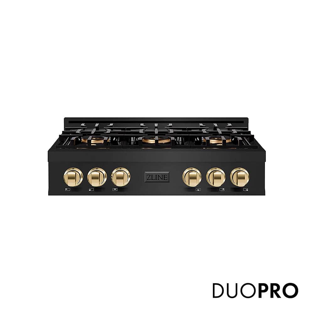 Autograph Edition 36 In. Classic Gas Rangetop With 6 Burner Duopro™ Cooktop In Black Stainless Steel And Polished Gold Accents