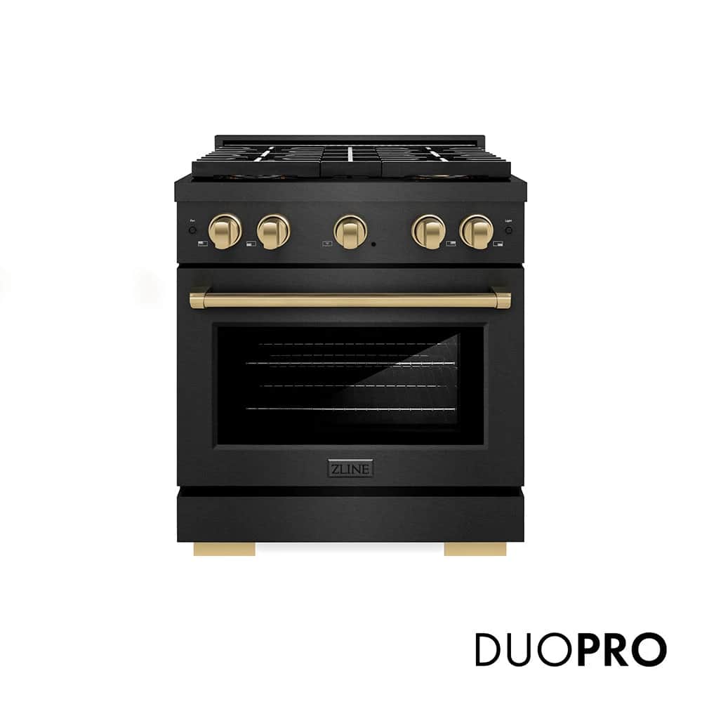 Autograph Edition 30 In. 4.2 Cu. Ft. Paramount Dual Fuel Range With 4 Burner Duopro™ Cooktop And Electric Convection Oven In Black Satin Stainless Steel And Champagne Bronze Accents