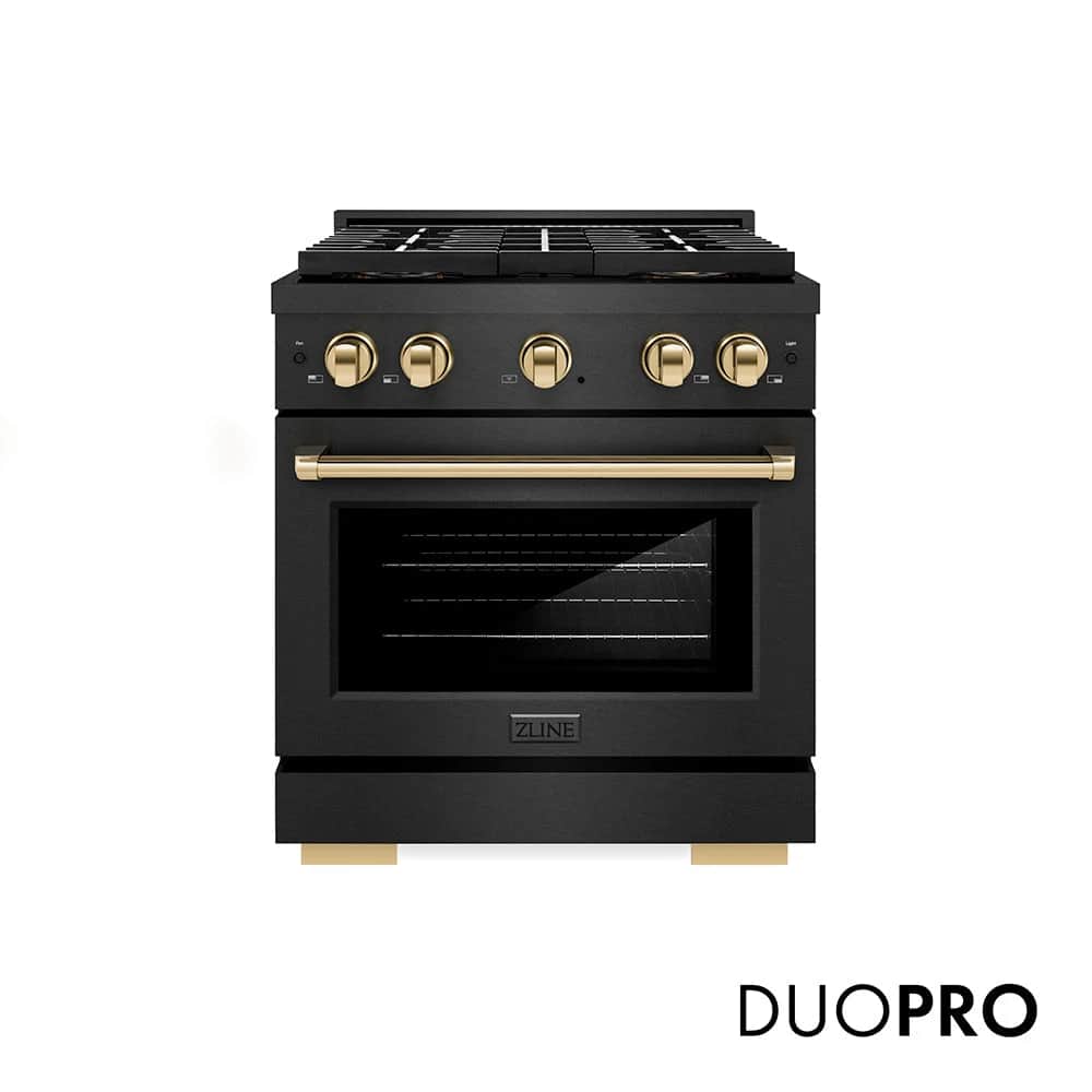 Autograph Edition 30 In. 4.2 Cu. Ft. Paramount Dual Fuel Range With 4 Burner Duopro™ Cooktop And Electric Convection Oven In Black Satin Stainless Steel And Polished Gold Accents