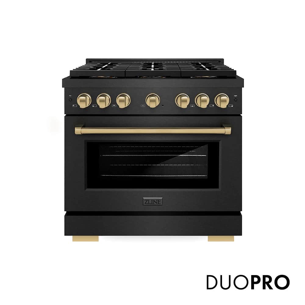 Autograph Edition 36 In. 5.2 Cu. Ft. Paramount Dual Fuel Range With 6 Burner Duopro™ Cooktop And Electric Convection Oven In Black Satin Stainless Steel And Champagne Bronze Accents