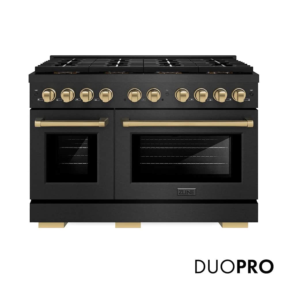 Autograph Edition 48 In. 6.7 Cu. Ft. Paramount Dual Fuel Range With 8 Burner Duopro™ Cooktop And Dual Ovens In Black Satin Stainless Steel And Champagne Bronze Accents