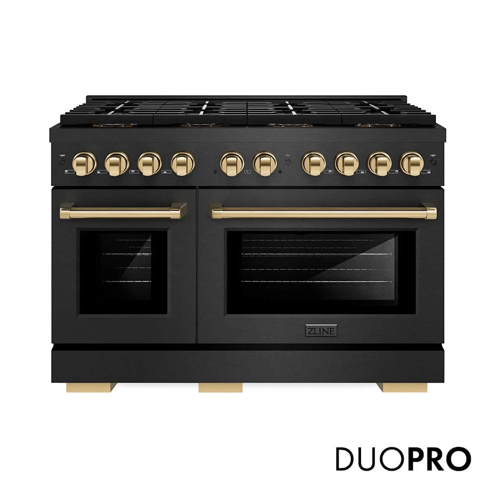 Autograph Edition 48 In. 6.7 Cu. Ft. Paramount Dual Fuel Range With 8 Burner Duopro™ Cooktop And Dual Ovens In Black Satin Stainless Steel And Polished Gold Accents