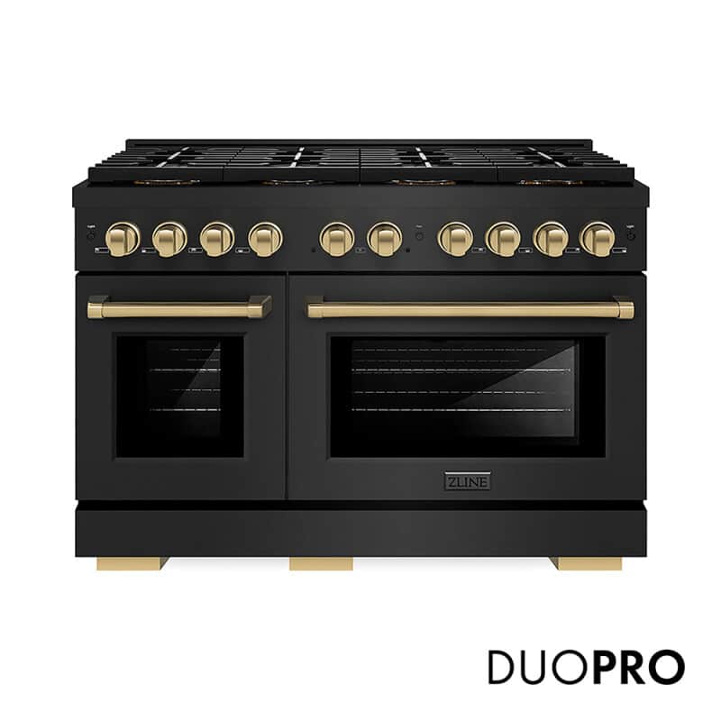 Autograph Edition 48 In. 6.7 Cu. Ft. Paramount Dual Fuel Range With 8 Burner Duopro™ Cooktop And Dual Ovens In Black Stainless Steel And Champagne Bronze Accents