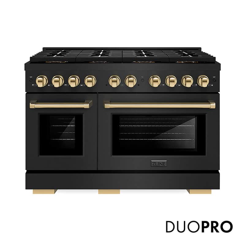 Autograph Edition 48 In. 6.7 Cu. Ft. Paramount Dual Fuel Range With 8 Burner Duopro™ Cooktop And Dual Ovens In Black Stainless Steel And Polished Gold Accents
