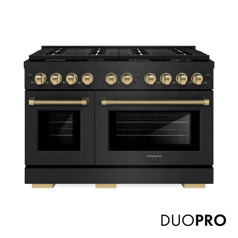 Autograph Edition 48 In. 6.7 Cu. Ft. Paramount Dual Fuel Range With 8 Burner Duopro™ Cooktop And Dual Ovens In Black Stainless Steel With Champagne Bronze Helix Handles And Accents