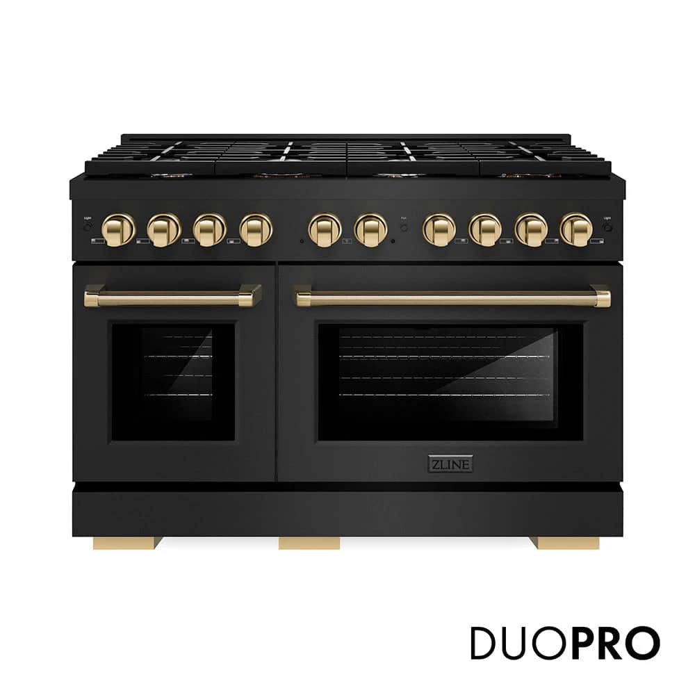Autograph Edition 48 In. 6.7 Cu. Ft. Paramount Dual Fuel Range With 8 Burner Duopro™ Cooktop And Dual Ovens In Black Stainless Steel With Polished Gold Helix Handles And Accents