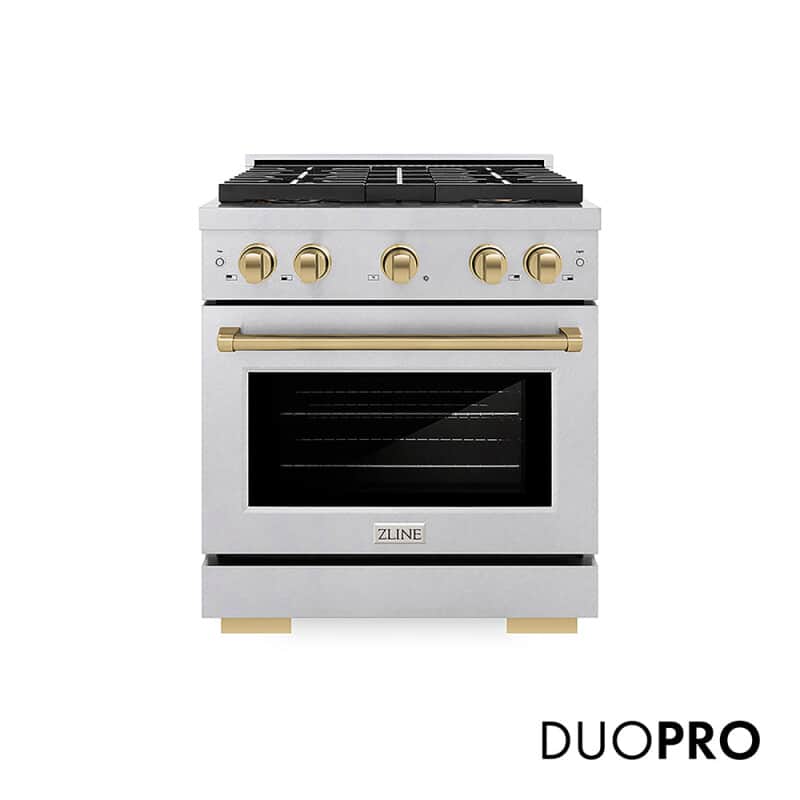 Autograph Edition 30 In. 4.2 Cu. Ft. Paramount Dual Fuel Range With 4 Burner Duopro™ Cooktop And Electric Convection Oven In Satin Stainless Steel And Champagne Bronze Accents