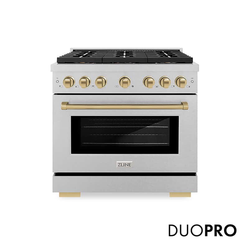 Autograph Edition 36 In. 5.2 Cu. Ft. Paramount Dual Fuel Range With 6 Burner Duopro™ Cooktop And Electric Convection Oven In Satin Stainless Steel And Champagne Bronze Accents