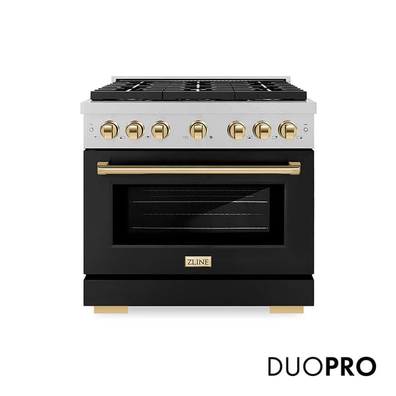 Autograph Edition 36 In. 5.2 Cu. Ft. Paramount Dual Fuel Range With 6 Burner Duopro™ Cooktop And Electric Convection Oven In Satin Stainless Steel With Black Matte Door And Polished Gold Accents