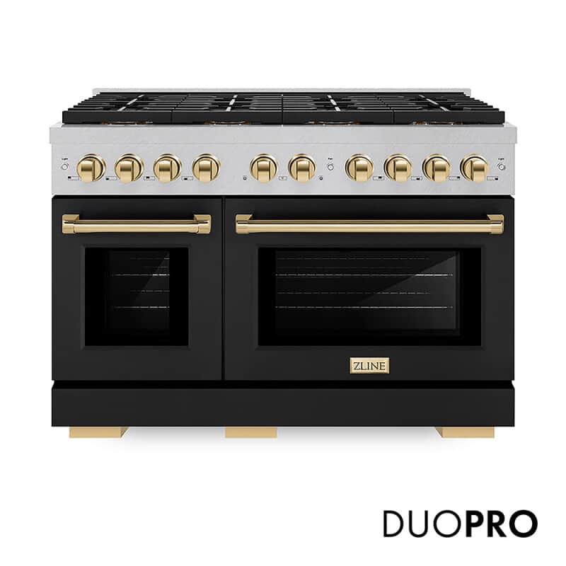 Autograph Edition 48 In. 6.7 Cu. Ft. Paramount Dual Fuel Range With 8 Burner Duopro™ Cooktop And Dual Ovens In Satin Stainless Steel With Black Matte Doors And Polished Gold Accents