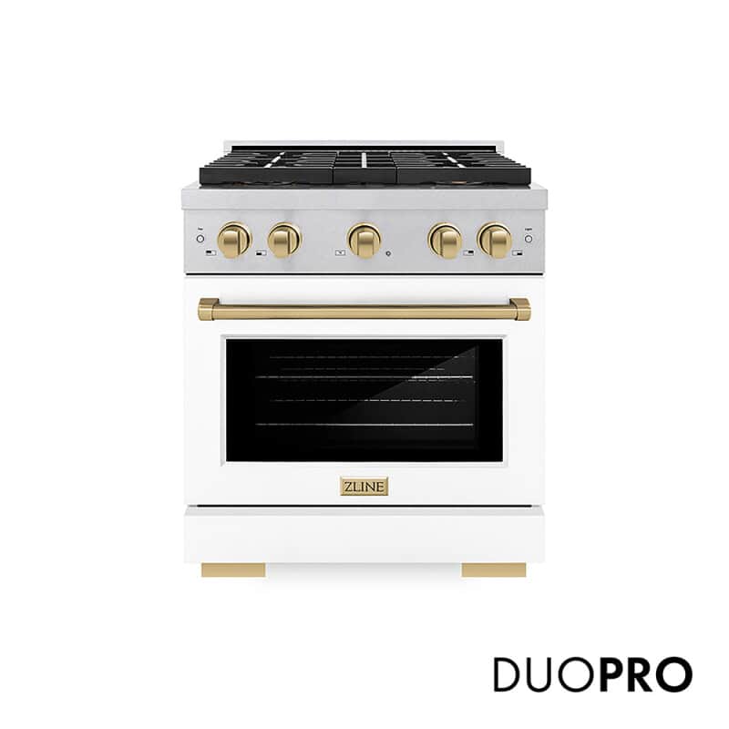 Autograph Edition 30 In. 4.2 Cu. Ft. Paramount Dual Fuel Range With 4 Burner Duopro™ Cooktop And Electric Convection Oven In Satin Stainless Steel With White Matte Door And Champagne Bronze Accents