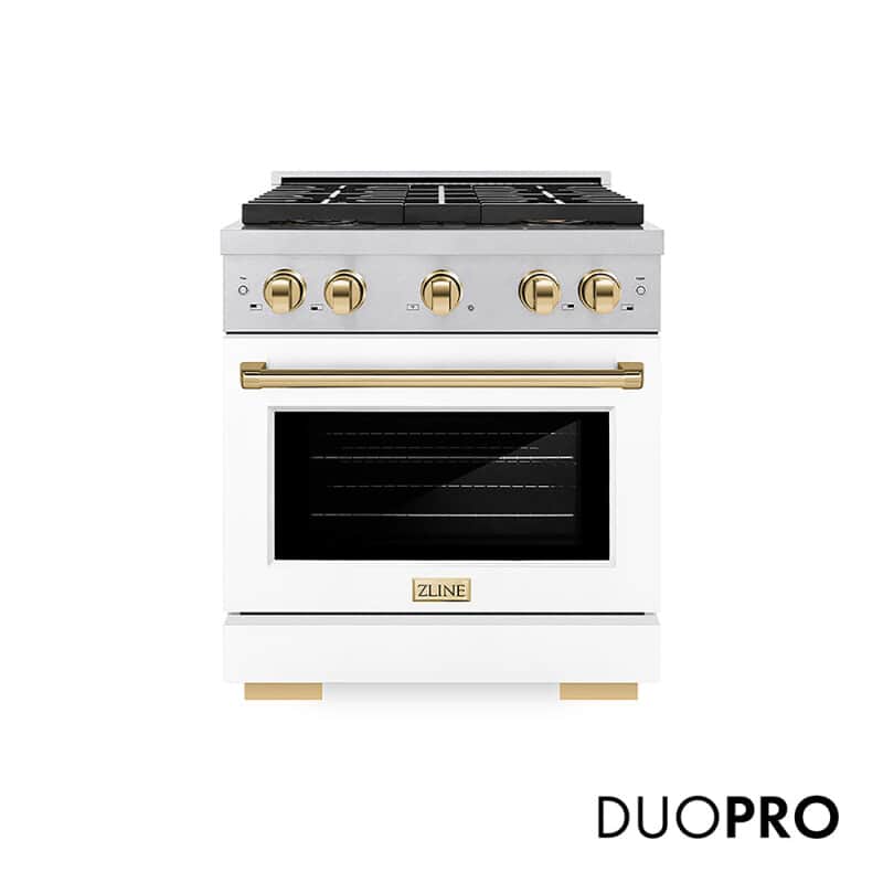 Autograph Edition 30 In. 4.2 Cu. Ft. Paramount Dual Fuel Range With 4 Burner Duopro™ Cooktop And Electric Convection Oven In Satin Stainless Steel With White Matte Door And Polished Gold Accents