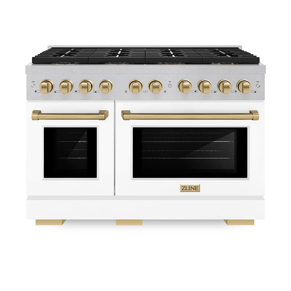 ZLINE Autograph Edition 48 in. 6.7 cu. ft. Paramount Dual Fuel Range with 8 Burner DuoPro™ Cooktop and Dual Ovens in Satin Stainless Steel with White Matte Doors and Champagne Bronze Accents (PSDRSZ-WM-48-CB)