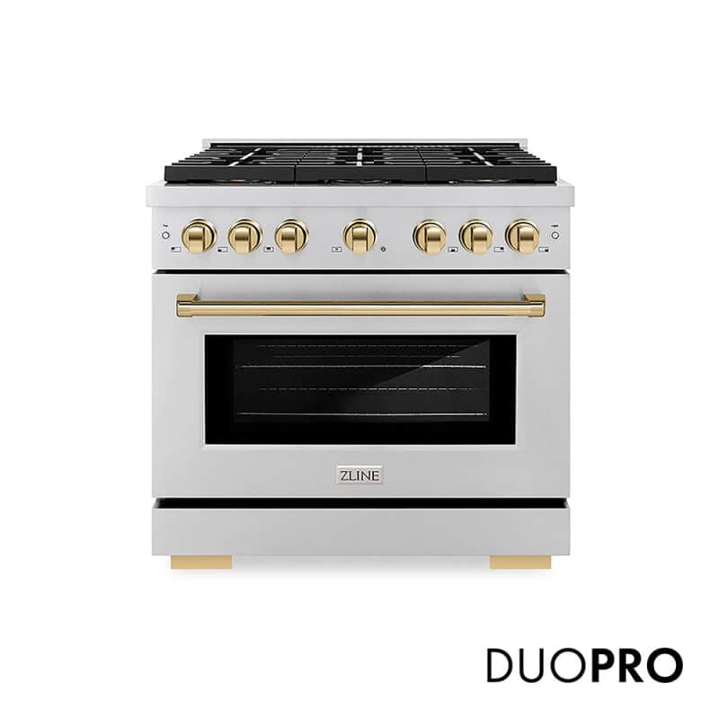 Autograph Edition 36 In. 5.2 Cu. Ft. Paramount Dual Fuel Range With 6 Burner Duopro™ Cooktop And Electric Convection Oven In Stainless Steel And Polished Gold Accents