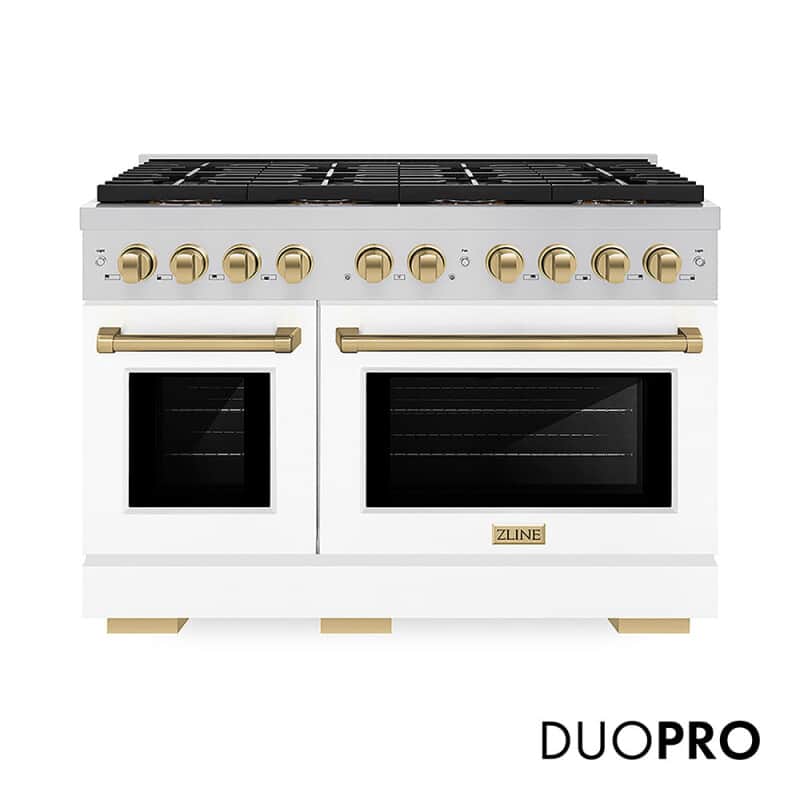 Autograph Edition 48 In. 6.7 Cu. Ft. Paramount Dual Fuel Range With 8 Burner Duopro™ Cooktop And Dual Ovens With White Matte Doors And Champagne Bronze Accents