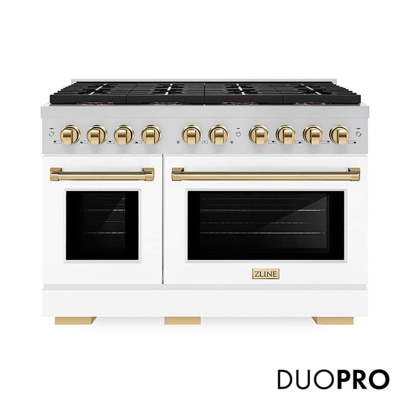 Autograph Edition 48 In. 6.7 Cu. Ft. Paramount Dual Fuel Range With 8 Burner Duopro™ Cooktop And Dual Ovens With White Matte Doors And Polished Gold Accents