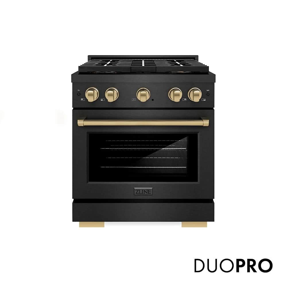 Autograph Edition 30 In. 4.2 Cu. Ft. Paramount Gas Range With 4 Burner Duopro™ Cooktop And Convection Gas Oven In Black Satin Stainless Steel And Champagne Bronze Accents