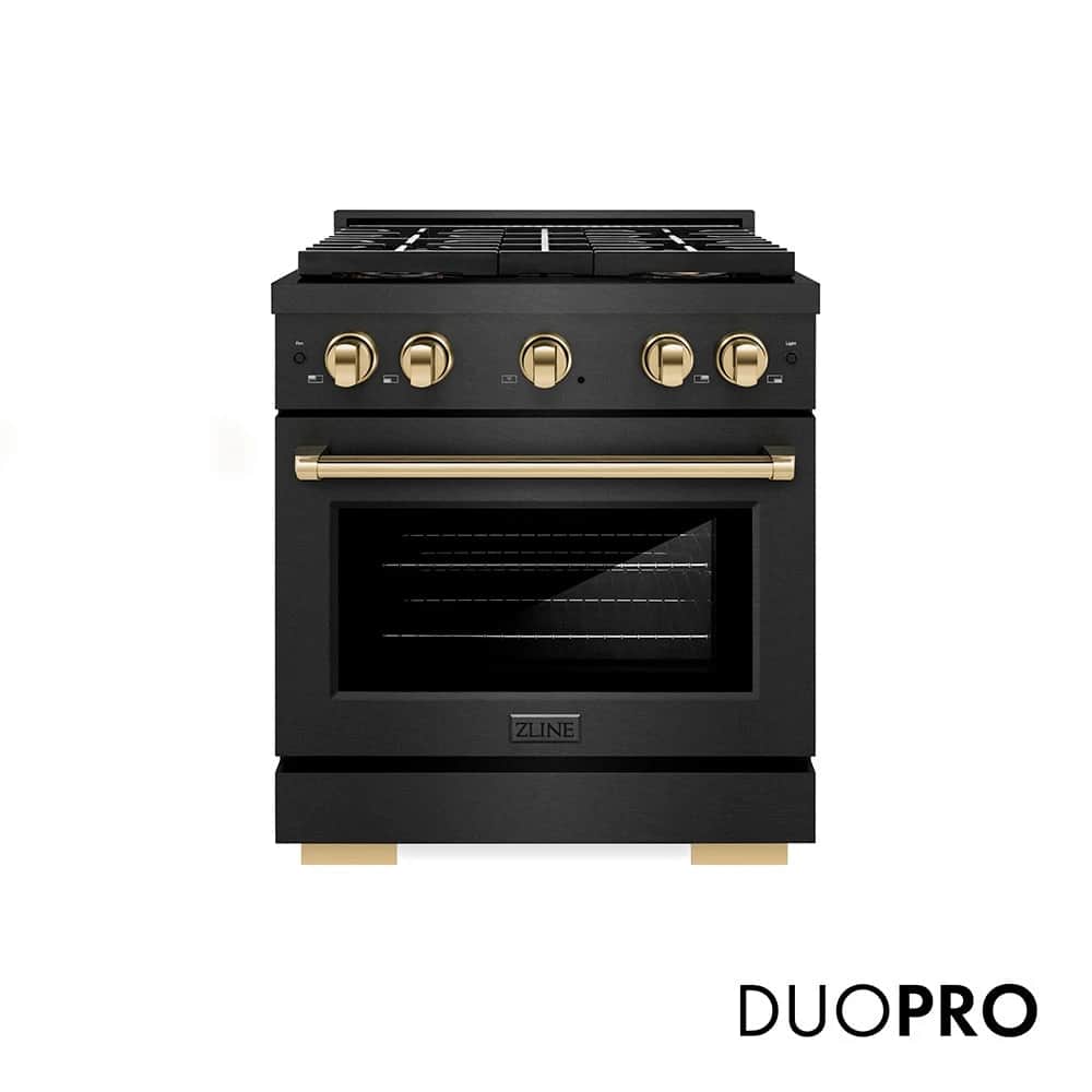 Autograph Edition 30 In. 4.2 Cu. Ft. Paramount Gas Range With 4 Burner Duopro™ Cooktop And Convection Gas Oven In Black Satin Stainless Steel And Polished Gold Accents