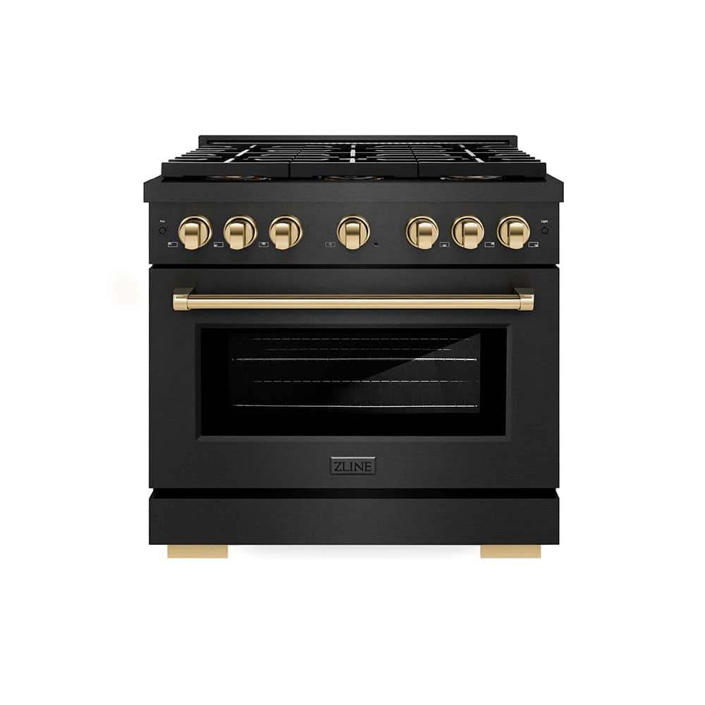 Autograph Edition 36 In. 5.2 Cu. Ft. Paramount Gas Range With 6 Burner Duopro™ Cooktop And Convection Gas Oven In Black Satin Stainless Steel And Polished Gold Accents