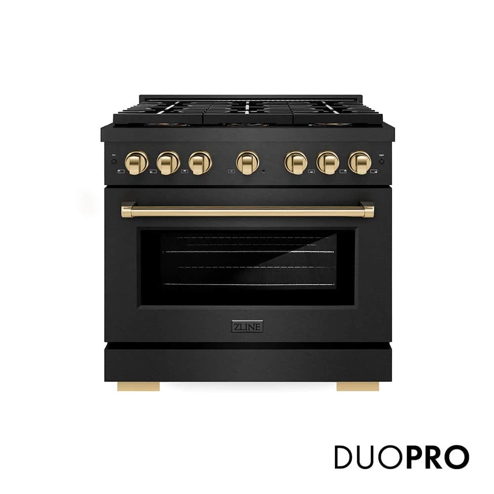 Autograph Edition 36 In. 5.2 Cu. Ft. Paramount Gas Range With 6 Burner Duopro™ Cooktop And Convection Gas Oven In Black Satin Stainless Steel And Polished Gold Accents