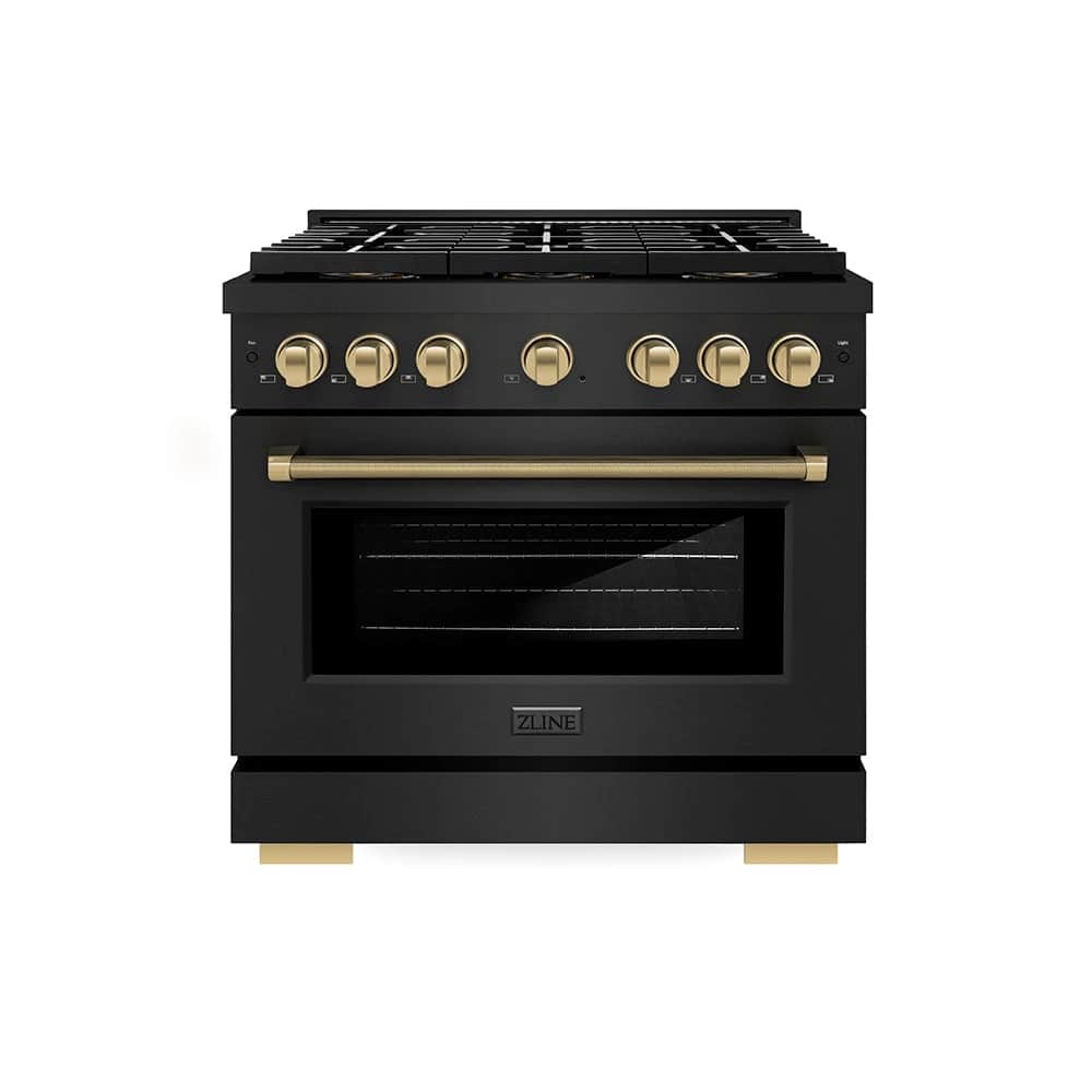 Autograph Edition 36 In. 5.2 Cu. Ft. Paramount Gas Range With 6 Burner Duopro™ Cooktop And Convection Gas Oven In Black Stainless Steel With Champagne Bronze Helix Handle And Accents